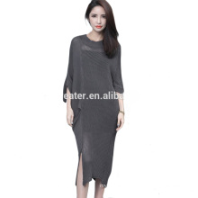 Chinese supplier  Autumn winter New fashion crew neck custom lady women side slit knitted long sweater dress
